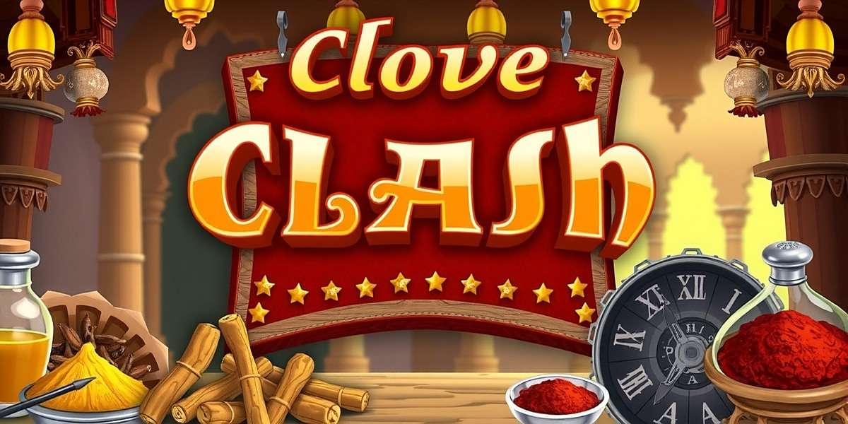 Clove Clash game cover featuring traditional Indian spice traders in a market setting with cloves and other spices
