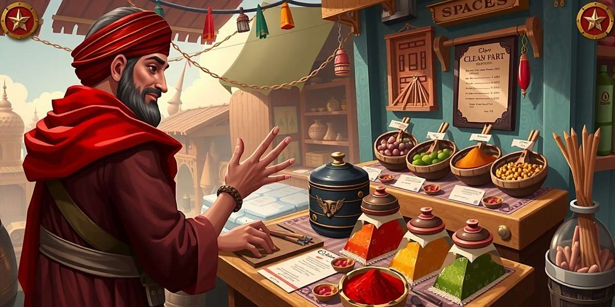 Clove Clash gameplay showing a merchant negotiating trade deals in a bustling Indian market with various spices displayed