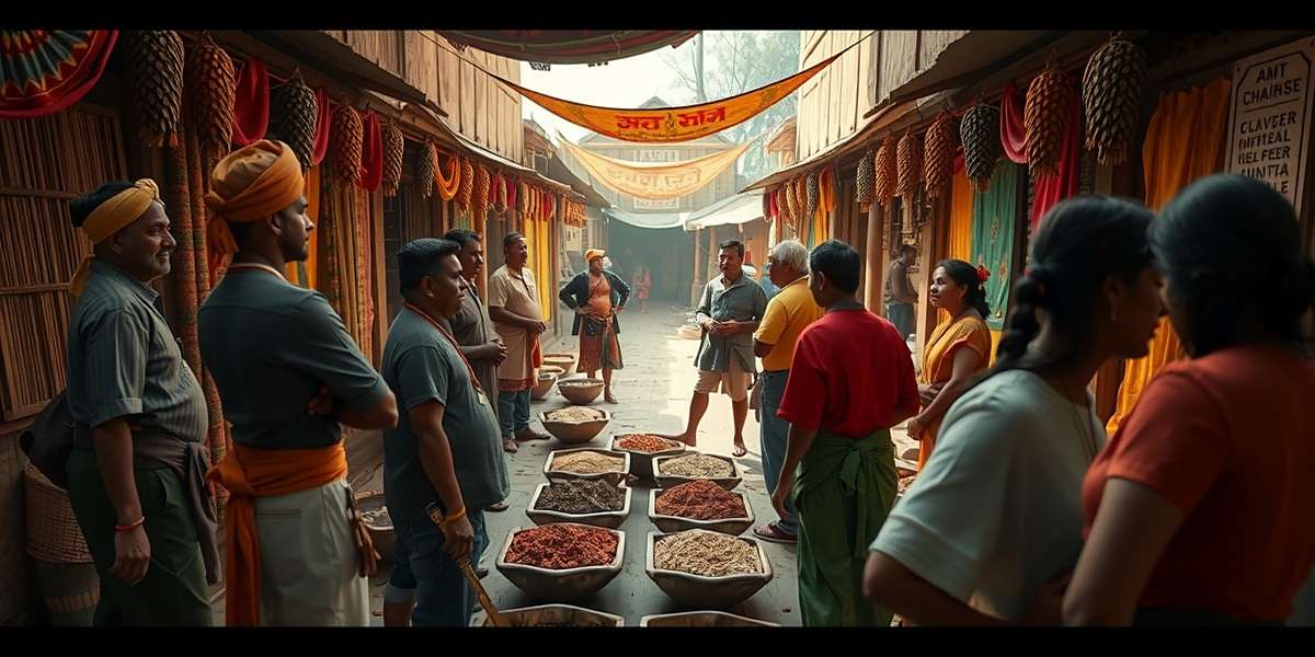 Clove Clash community meetup at a historical spice market in Kochi with players dressed in traditional trading attire